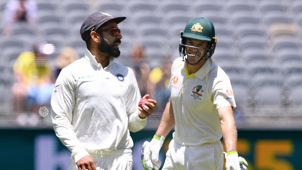 Indian captain Virat Kohli and Australian counterpart Tim Paine during the most recent Test series between the two teams.