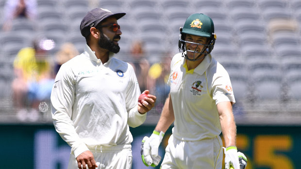 Indian captain Virat Kohli and Australian counterpart Tim Paine during the most recent Test between the two in Perth.