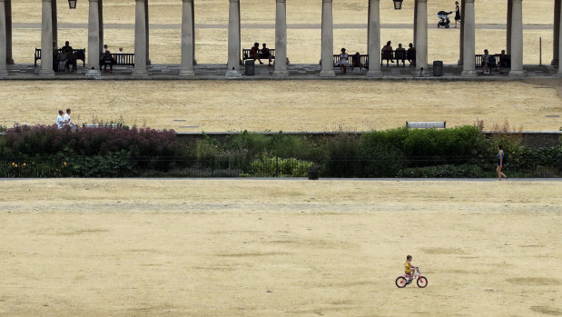 A child cycles on parched grass from the lack of rain in Greenwich Park in Britain.