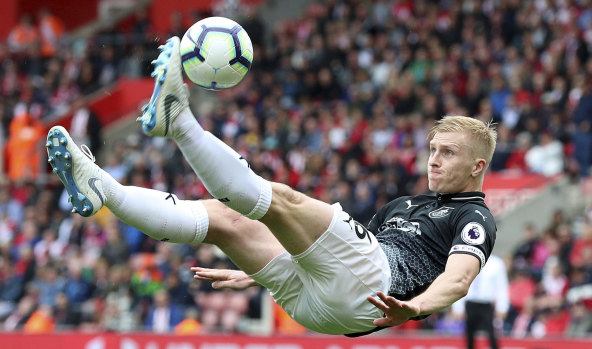 Burnley's Ben Mee attempts an overhead kick against Southampton at St Mary's on Sunday.