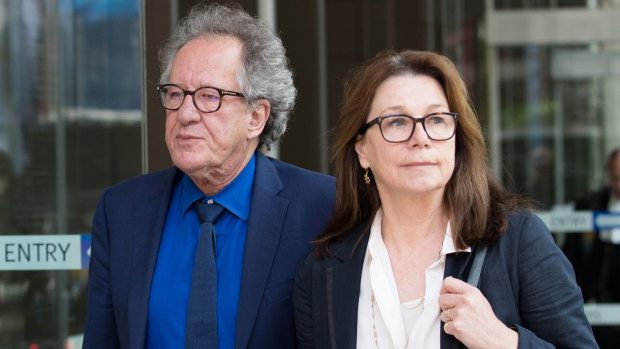 Geoffrey Rush with his wife, Jane Menelaus, leave the Supreme Court on the final day of his defamation case against News Corp