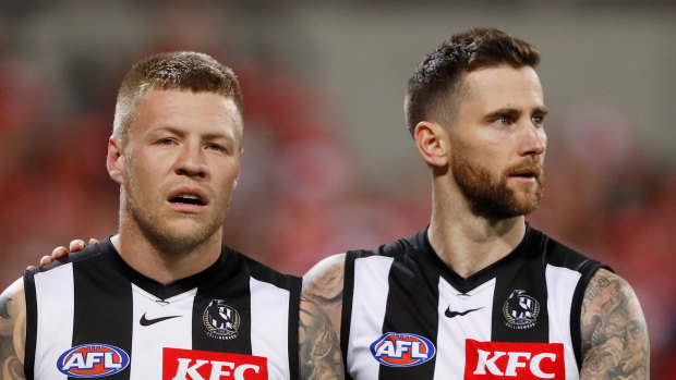 Collingwood pair Jordan De Goey and Jeremy Howe were devastated after the Pies’ preliminary final loss. 