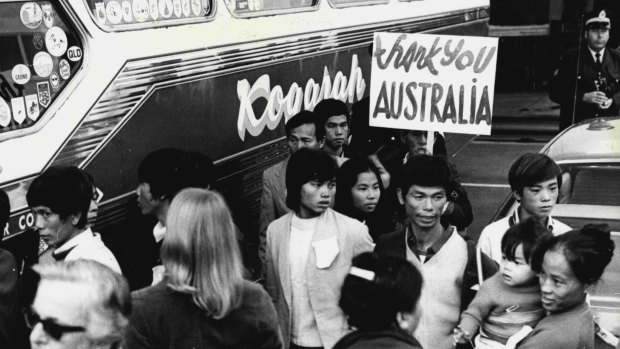 Vietnamese refugees arrive in Australia in 1977.