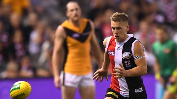 Game on: Jack Lonie kicked the match-winning goal for St Kilda.