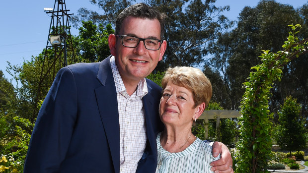 Daniel Andrews with his mum Jan at her home in Wangaratta on Monday.