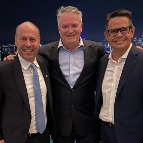 Federal Treasurer Josh Frydenberg, former finance minister Mathias Cormann and former WA treasurer Ben Wyatt at Cormann’s farewell in April.  