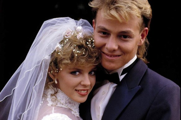 Kylie Minogue and Jason Donovan as Charlene and Scott in Neighbours.