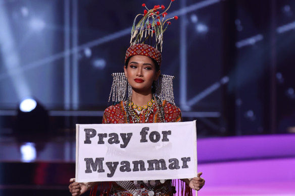 Miss Myanmar Thuzar Wint Lwin appears onstage at Miss Universe 2021 in Hollywood, Florida. 