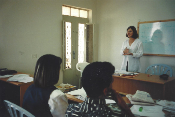 Sherine Salama training students at the Palestinian Broadcasting Corporation’s Ramallah offices in 1996.