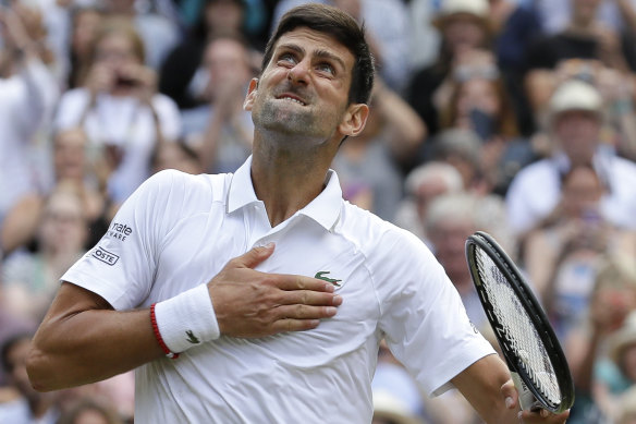 Novak Djokovic looks to the heavens after his epic win in the 2019 Wimbledon final.
