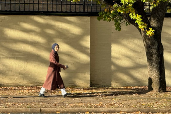 Senator Fatima Payman leaving The Lodge on Sunday afternoon after being suspended from caucus.