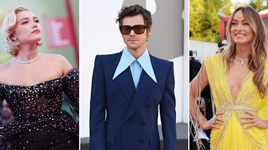 Florence Pugh in Valentino haute couture, Harry Styles in Gucci and Olivia Wilde in Gucci at the Venice Film Festival premiere of “Don’t Worry Darling”. 