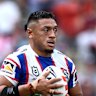 Jermaine McEwen makes a break during the Knights’ match against Gold Coast Titans during Magic Round in Brisbane last month.