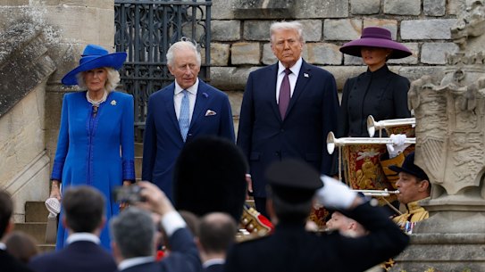 WINDSOR, ENGLAND - SEPTEMBER 17: U.S. President Donald Trump and First Lady Melania Trump attend a Beating Retreat ceremony with King Charles III and Queen Camilla on the east lawn of Windsor Castle during a state visit on September 17, 2025.  President Trump is in England from Sept. 16-18 on his second UK state visit, with the previous one taking place in 2019 during his first presidential term. (Photo by Anna Moneymaker/Getty Images)