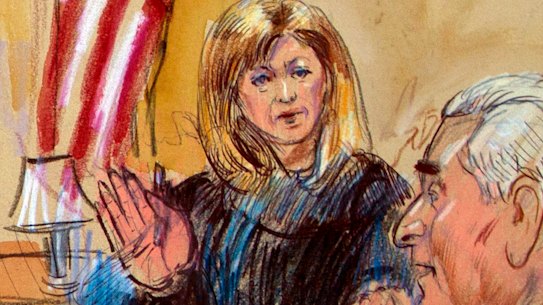 Courtroom sketch of former campaign adviser for President Donald Trump, Roger Stone talking from the witness stand as Judge Amy Berman Jackson listens during a court hearing last year.