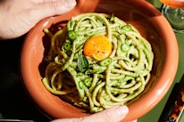 Bucatini with Thai basil and green chilli pesto speaks with an Australian accent.