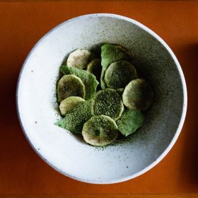 Feijoa sorbet with sorrel, matcha and caramelised almond. 