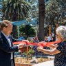 Mayor Sue Heins and state MP James Griffin at the ribbon cutting ceremony at Northern Beaches Council’s Freshwater Beach Playground, before it was abruptly shut.