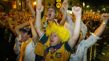 Wallabies fans at a live site at the Rocks in the 2003 Rugby World Cup.