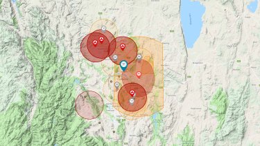 A map showing where drones could be flown in the ACT on Friday. Several controlled burns meant there were more no-fly areas than usual.
