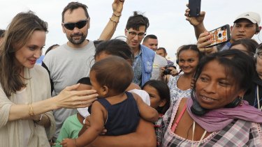UNHCR's special envoy Angelina Jolie meets Venezuelan migrants at a United Nations-run camp in Maicao, Colombia, on the border.
