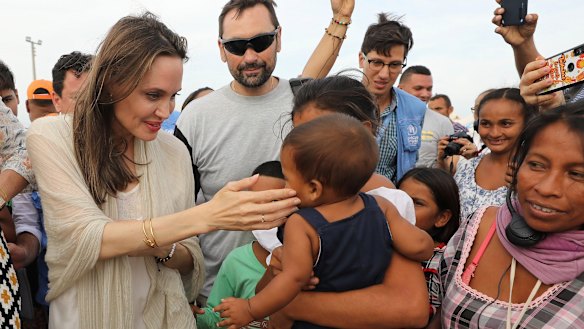 UNHCR's special envoy Angelina Jolie meets Venezuelan migrants at a United Nations-run camp in Maicao, Colombia, on the border.