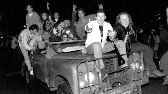 Revellers in George Street celebrate the win, September 23, 1993. 