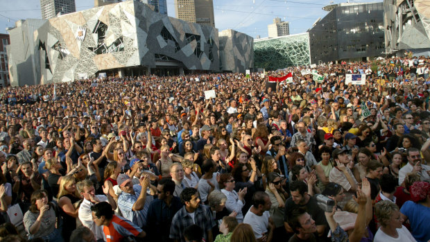Protesters filled Federation Square in February 2003 to oppose the invasion of Iraq.