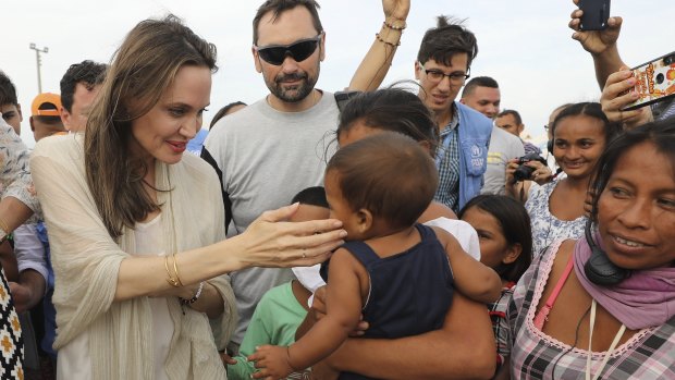 UNHCR's special envoy Angelina Jolie meets Venezuelan migrants at a United Nations-run camp in Maicao, Colombia, on the border.