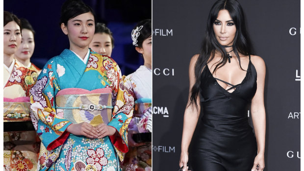 A woman wears a traditional kimono in Fukuoka, Japan, left, and Kim Kardashian West whose appropriation of the word for use in lingerie has people in Japan disappointed.