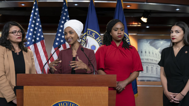 From left, US Representatives Rashida Tlaib, Ilhan Omar, Ayanna Pressley and Alexandria Ocasio-Cortez addressing the media after Trump called for Democrative congresswomen of colour to "go back" to their "broken countries".