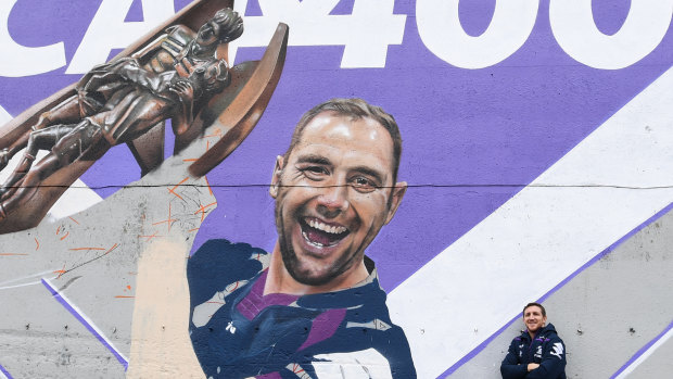 The Cam400 mural depicting Melbourne Storm's Cameron Smith at Richmond Train Station.