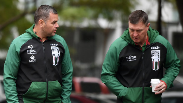 Locked in: David Furner (right), alongside Souths coach Anthony Seibold, will be honouring his Leeds deal, according to the club.