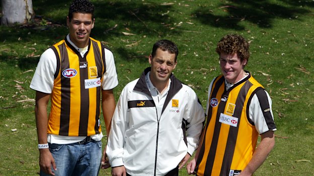 Fresh faces: Newly drafted Lance Franklin and Jarryd Roughead with coach Alastair Clarkson.
