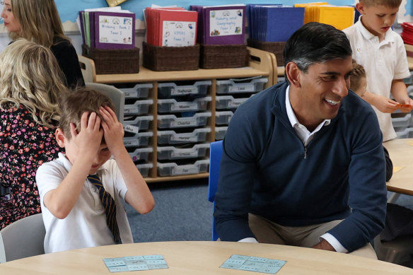 Gaffe-prone British PM Rishi Sunak visits a school in Stonehouse, England, on Friday.