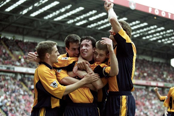 Kop stars: Markus Babbel celebrates with Robbie Fowler, Michael Owen and Steven Gerrard after Fowler scores against Charlton in 2001.