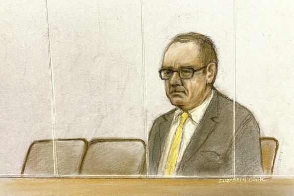 A Ccurt artist sketch by Elizabeth Cook of actor Kevin Spacey in the dock. 