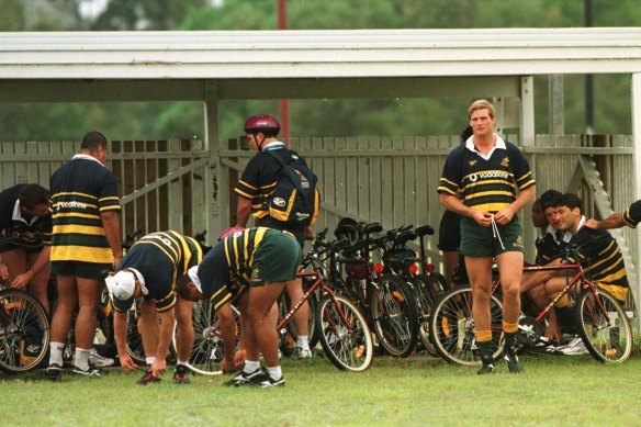 Wallabies get ready for training after riding bikes to the field at their Caloundra base in 1998.