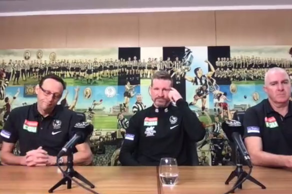 The press conference with Pies CEO Mark Anderson, departing coach Nathan Buckley and club football manager Graham Wright.