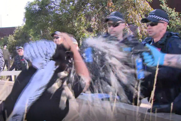Police use pepper spray during January’s protests at the Port of Melbourne.