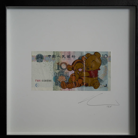 One of the works that was taken down. Winnie the Pooh, representing President Xi Jinping, strangles Tigger – a rhyme for Uighur. Winnie the Pooh is banned in China after being widely used to mock Xi.