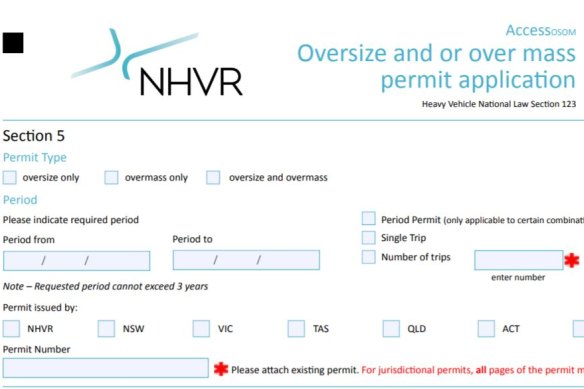 An NHVR oversize over mass permit application.