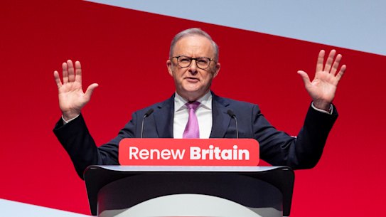 Anthony Albanese addresses the UK Labour Conference on Sunday night