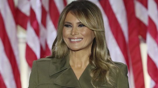 US first lady Melania Trump speaks during the Republican National Convention in the Rose Garden of the White House.