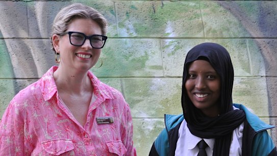 Yeronga State High School Head of Department of Middle School Holly Haswell-Smith (left) manages the school’s student summits and offshoot programs, which Year 11 student Aasha Abdelrahman Selat (right) regularly attends.

