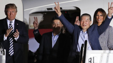 Donald Trump welcomes back three US prisoners released from detention in North Korea.