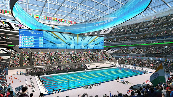 An artist’s rendering of how the venue will look when converted for the swimming competition at LA 2028.