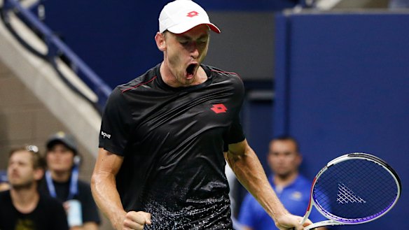 John Millman reacts after winning a point against Roger Federer during the fourth round of the US Open.