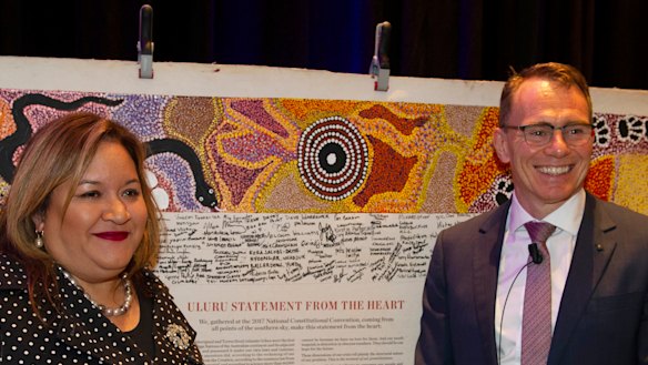 Professor Megan Davis and BHP CEO Andrew Mackenzie pictured in Perth on Thursday.