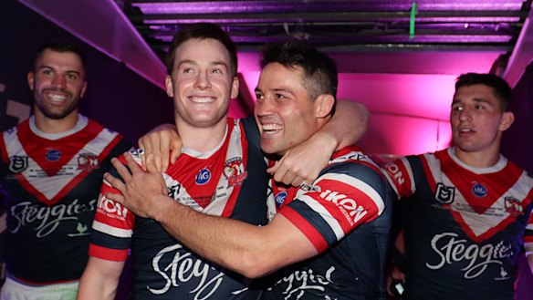 Luke Keary with Cooper Cronk after winning the 2019 Grand Final with the Roosters. 